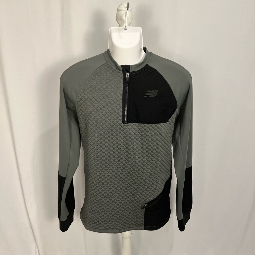 New Balance Men’s M Heat Loft Quilted Quarter Zip Jacket Green Grey with Black